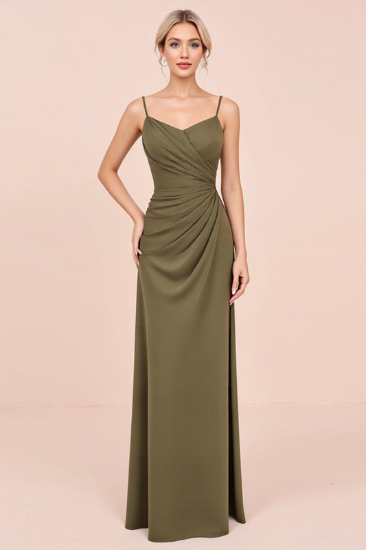 Olive Sheath Satin Spaghetti Straps Long Bridesmaid Dress