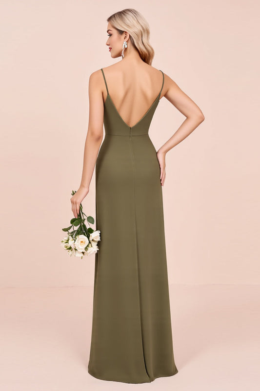 Olive Sheath Satin Spaghetti Straps Long Bridesmaid Dress