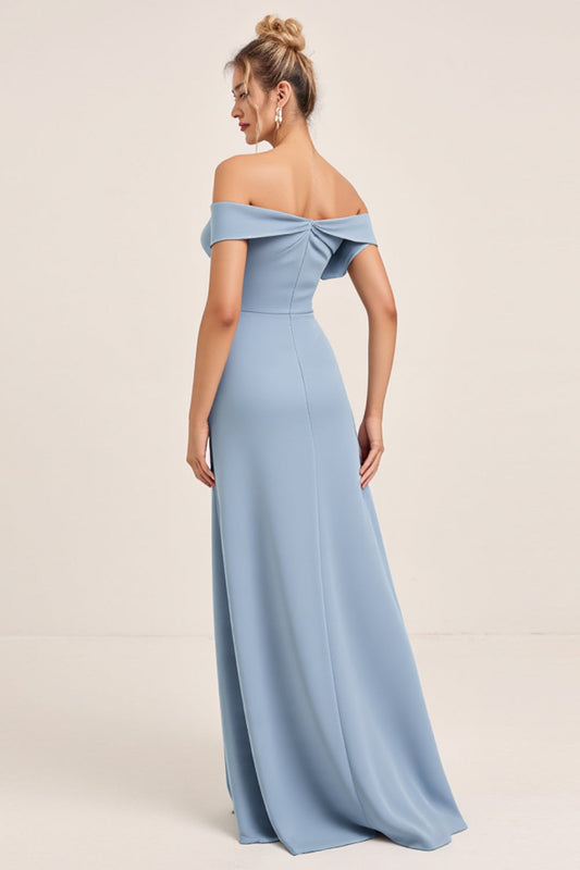 Off the Shoulder Dusty Blue Satin Long Bridesmaid Dress with Slit