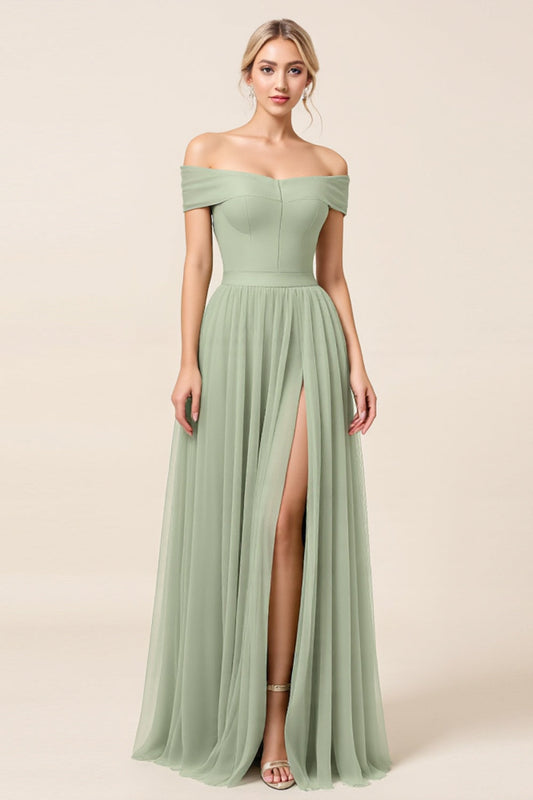 A Line Matcha Off the Shoulder Long Bridesmaid Dress with Slit
