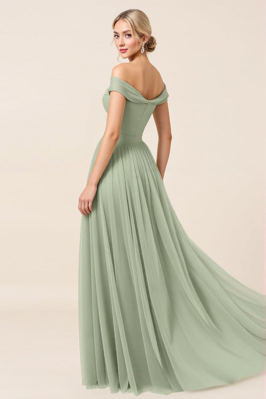 A Line Matcha Off the Shoulder Long Bridesmaid Dress with Slit
