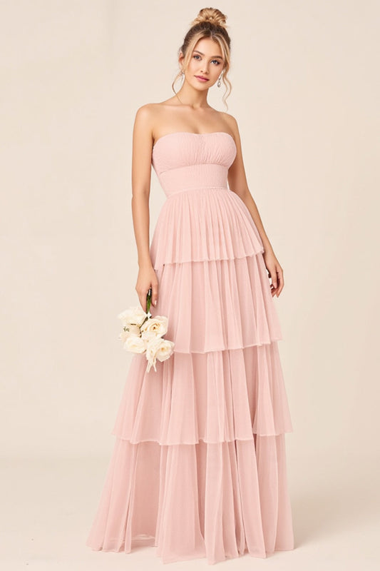 A Line Tiered Candy Pink Strapless Long Bridesmaid Dress