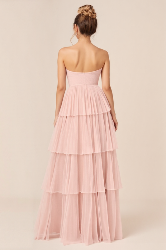 A Line Tiered Candy Pink Strapless Long Bridesmaid Dress