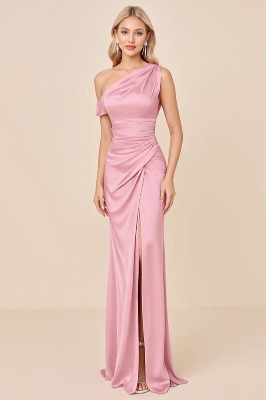 Sheath Blush Pink Satin One Shoulder Long Bridesmaid Dress with Slit