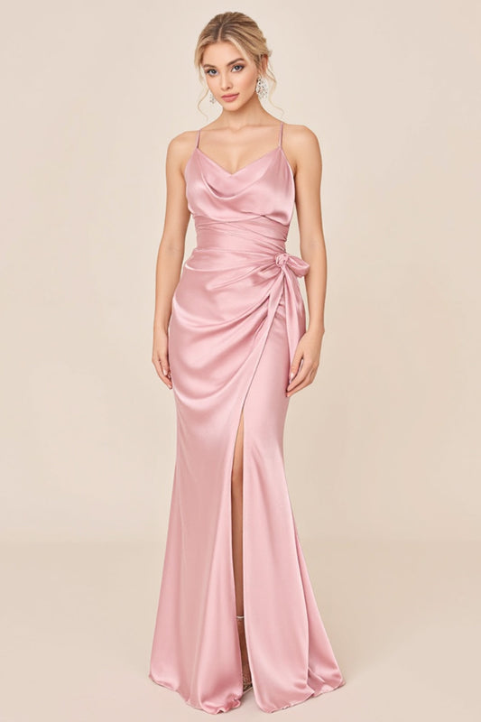 Blush Pink Satin Backless Long Bridesmaid Dress with Slit