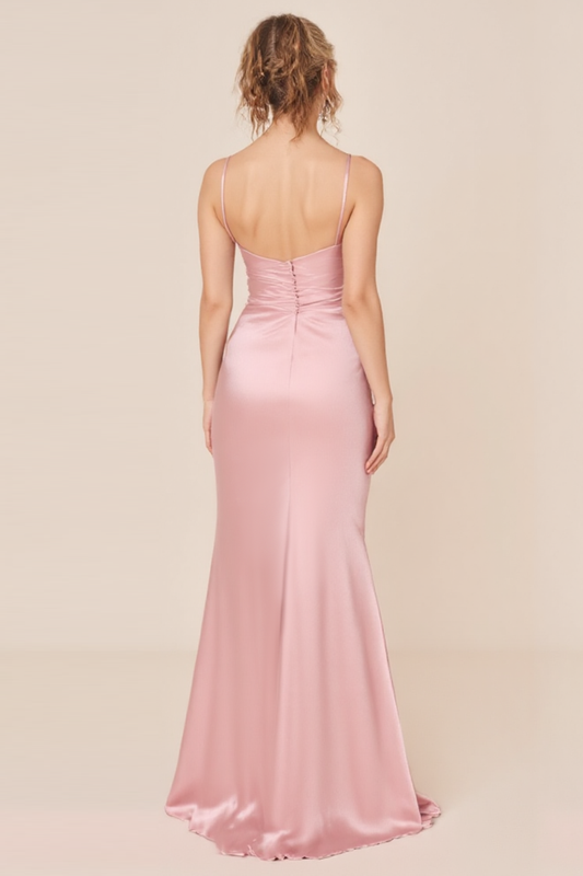 Blush Pink Satin Backless Long Bridesmaid Dress with Slit