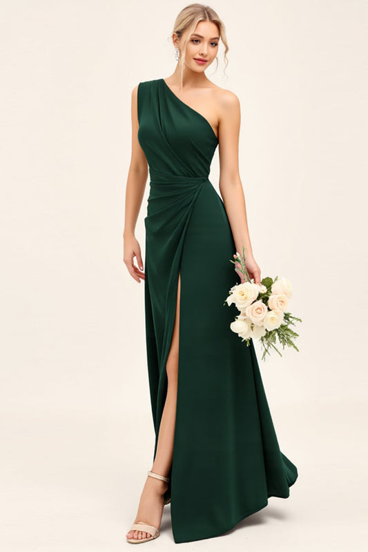 One Shoulder Pine Satin Long Bridesmaid Dress with Slit