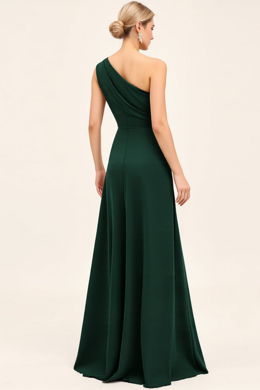 One Shoulder Pine Satin Long Bridesmaid Dress with Slit