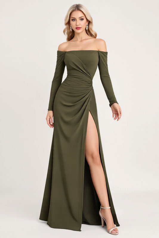 Olive Square Neck Satin Long Sleeves Bridesmaid Dress with Slit