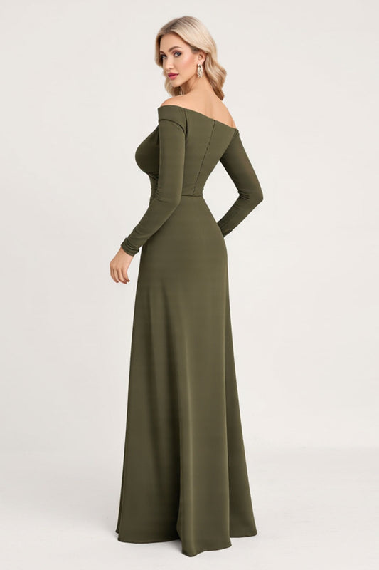 Olive Square Neck Satin Long Sleeves Bridesmaid Dress with Slit