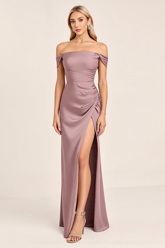 Vintage Mauve Sheath Off the Shoulder Bridesmaid Dress with Slit