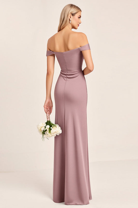 Vintage Mauve Sheath Off the Shoulder Bridesmaid Dress with Slit