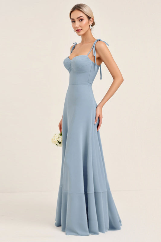 Sky Blue Sheath Satin Spaghetti Straps Long Bridesmaid Dress