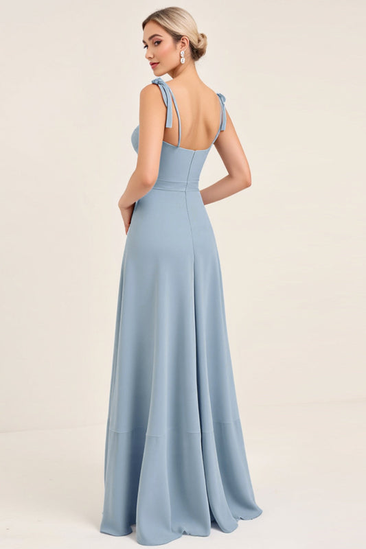 Sky Blue Sheath Satin Spaghetti Straps Long Bridesmaid Dress