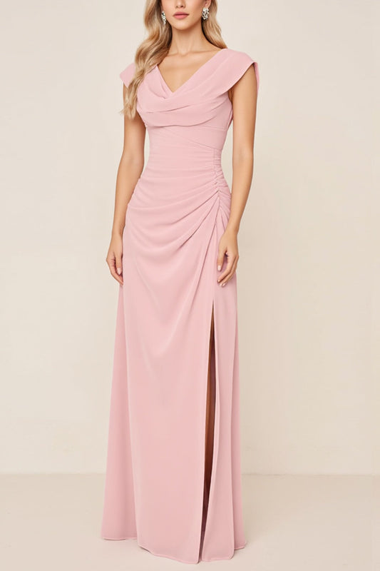 Candy Pink V-Neck Long Satin Sheath Bridesmaid Dress with Slit