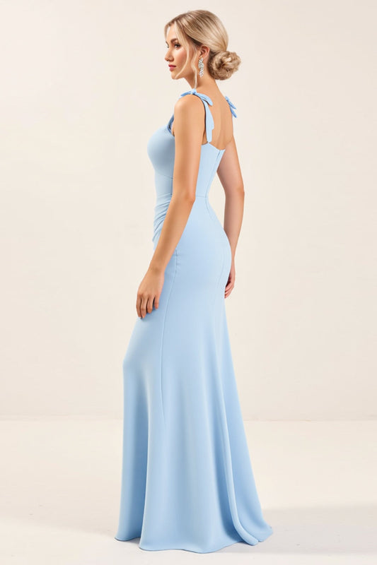Sky Blue Sheath Long Spaghetti Straps Bridesmaid Dress With Slit
