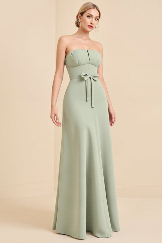 Sage Sheath Long Strapless Bridesmaid Dress with Bow
