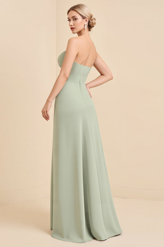Sage Sheath Long Strapless Bridesmaid Dress with Bow