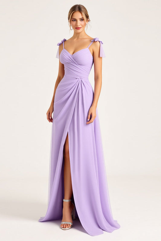 Lilac A Line Spaghetti Straps Long Bridesmaid Dress with Slit