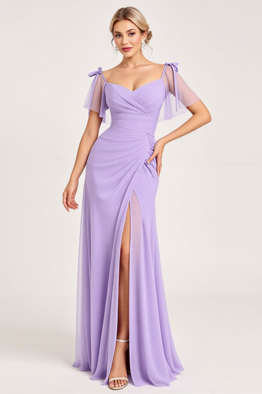 Lilac Maxi Sheath Spaghetti Straps Bridesmaid Dress with Slit