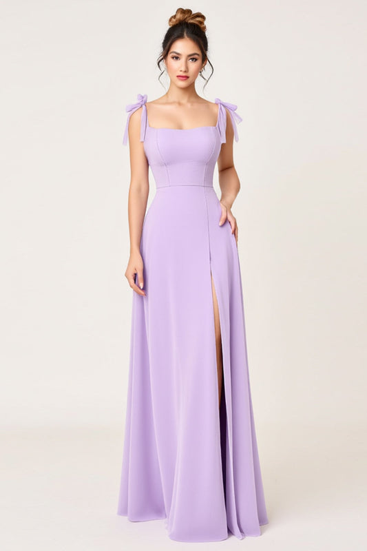 Simple Lilac Sheath Square Neck Maxi Bridesmaid Dress with Slit