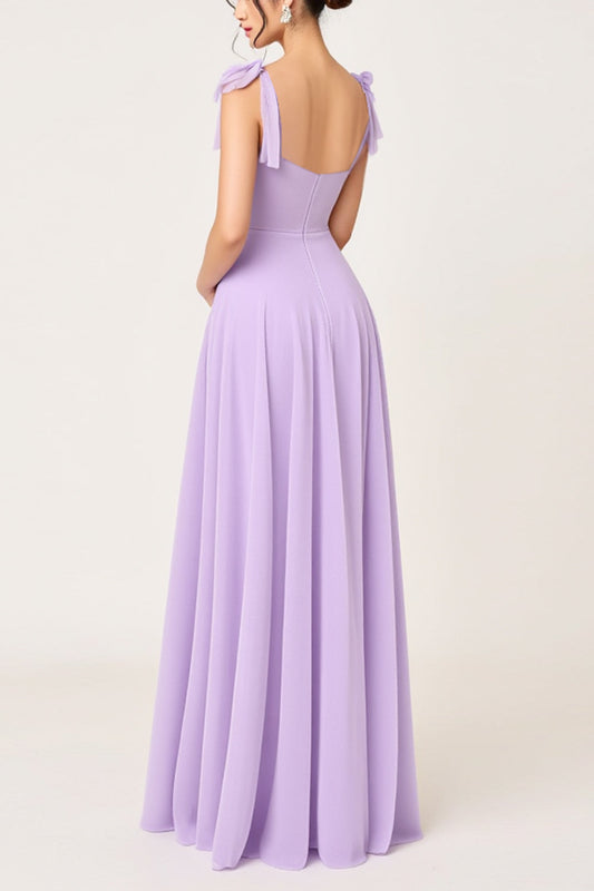 Simple Lilac Sheath Square Neck Maxi Bridesmaid Dress with Slit