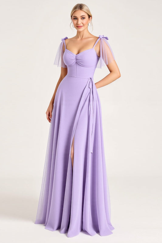 Lilac Spaghetti Straps A Line Long Bridesmaid Dress with Ruffles