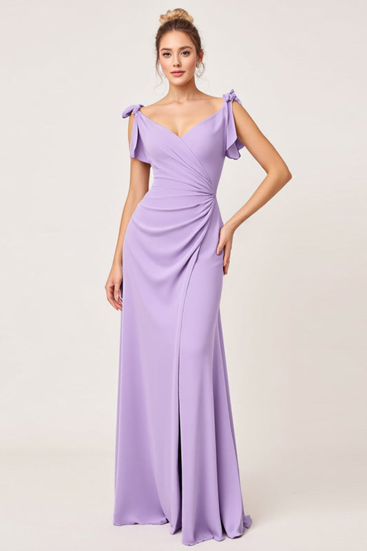 Lilac Sheath Maxi V Neck Long Bridesmaid Dress with Ruffles