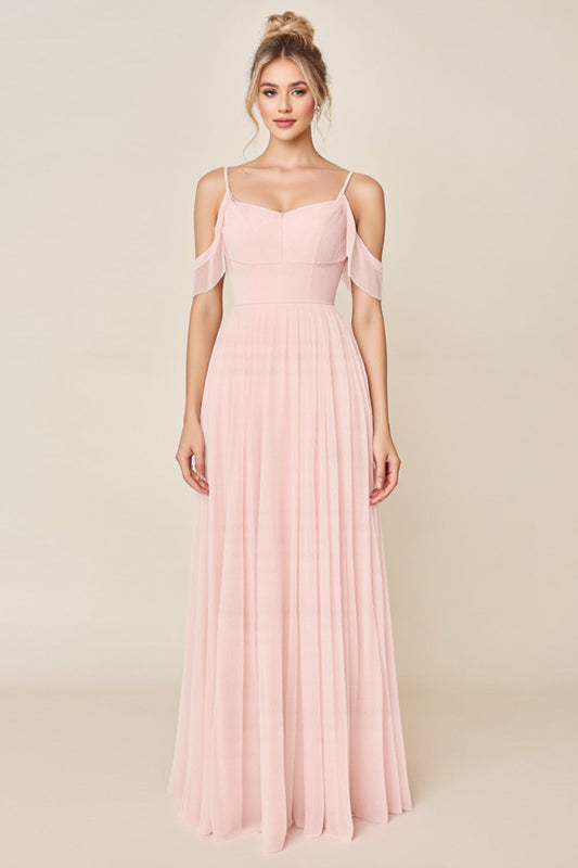 A Line Blush Pink Cold Shoulder Maxi Long Bridesmaid Dress