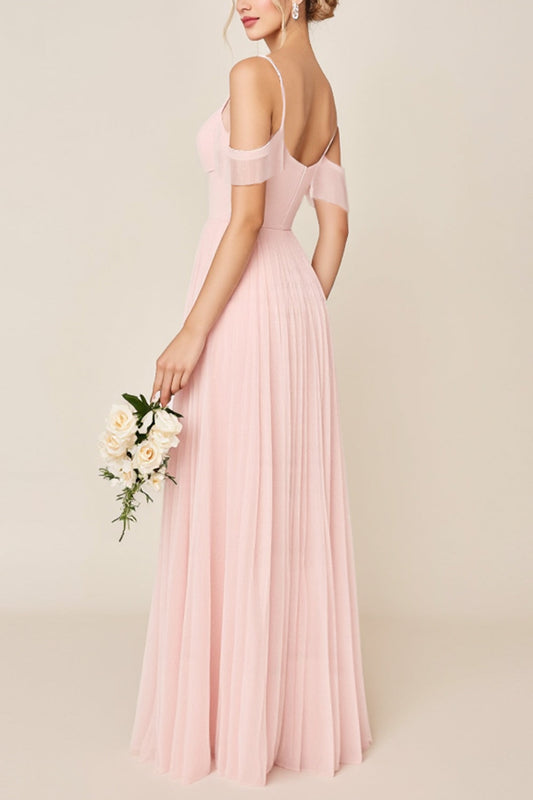 A Line Blush Pink Cold Shoulder Maxi Long Bridesmaid Dress