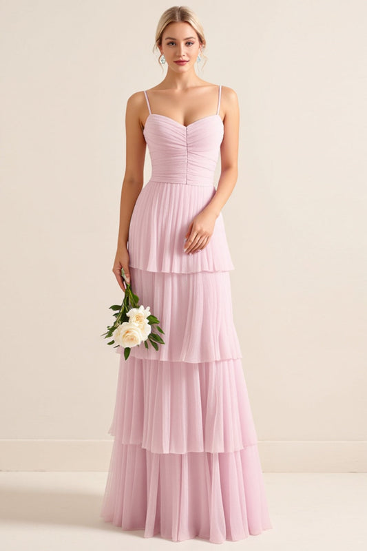 Candy Pink A Line Spaghetti Straps Long Tiered Bridesmaid Dress
