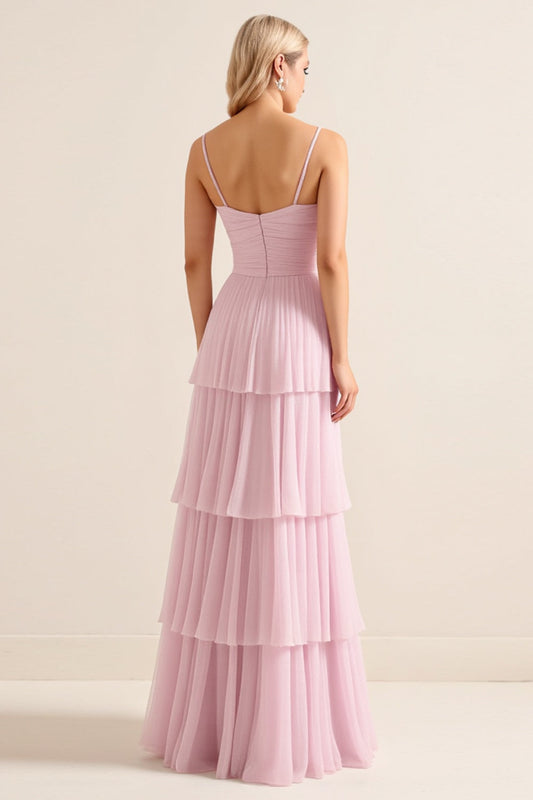 Candy Pink A Line Spaghetti Straps Long Tiered Bridesmaid Dress