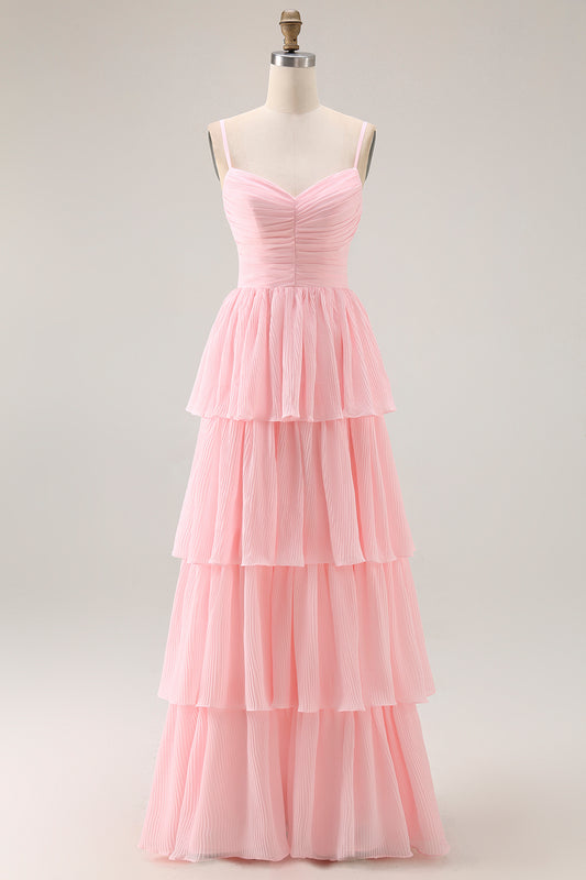 Candy Pink Tiered Spaghetti Straps A Line Long Bridesmaid Dress
