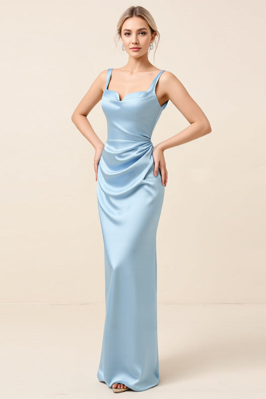 Sky Blue Satin Sheath Maxi Long Backless Bridesmaid Dress