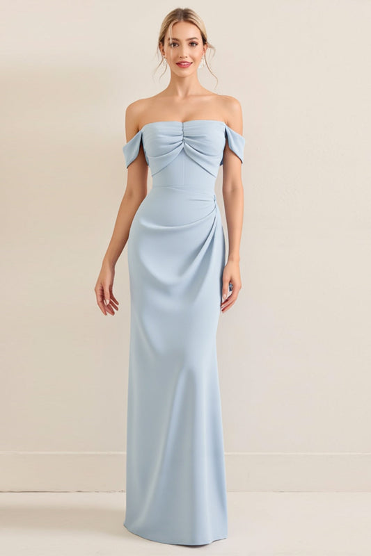 Sky Blue Satin Off the Shoulder Sheath Long Bridesmaid Dress