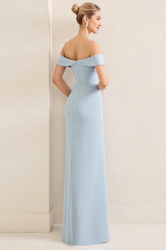 Sky Blue Satin Off the Shoulder Sheath Long Bridesmaid Dress