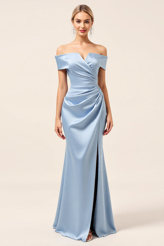 Sky Blue Off the Shoulder Satin Sheath Long Bridesmaid Dress with Slit