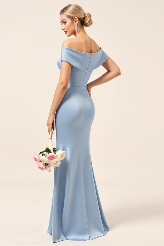 Sky Blue Off the Shoulder Satin Sheath Long Bridesmaid Dress with Slit