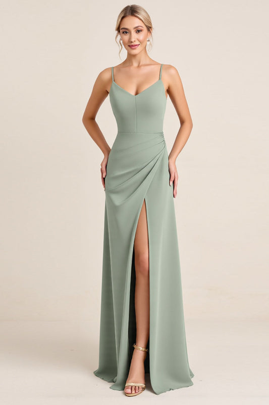 Matcha Sheath Long Spaghetti Straps Bridesmaid Dress With Slit