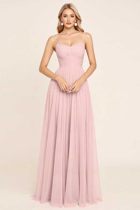 Candy Pink A Line Spaghetti Straps Long Bridesmaid Dress