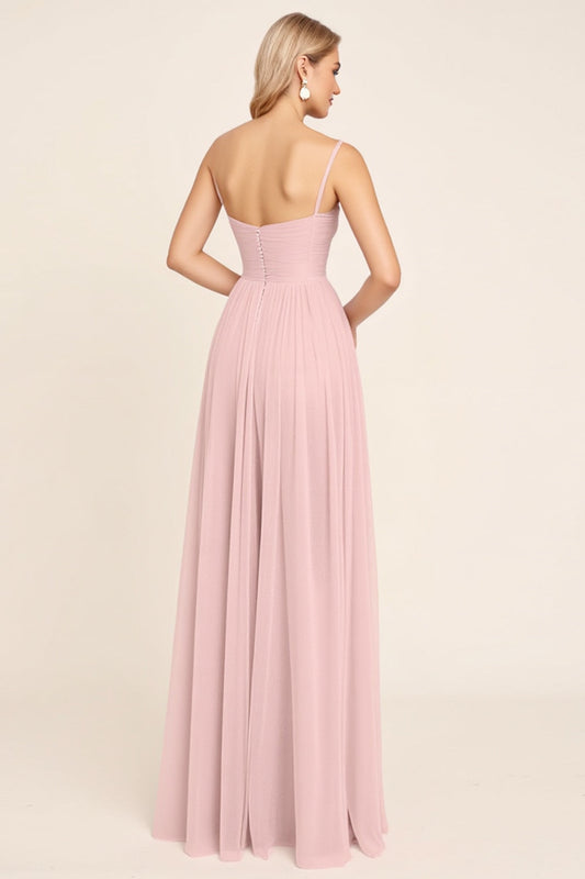 Candy Pink A Line Spaghetti Straps Long Bridesmaid Dress