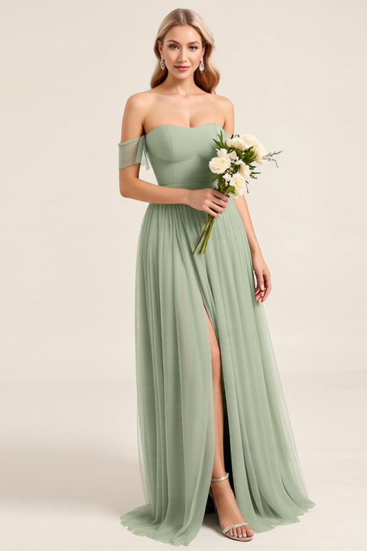 A Line Matcha Chiffon Off the Shoulder Maxi Bridesmaid Dress with Slit