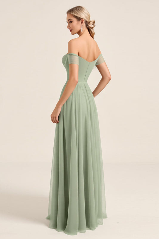 A Line Matcha Chiffon Off the Shoulder Maxi Bridesmaid Dress with Slit