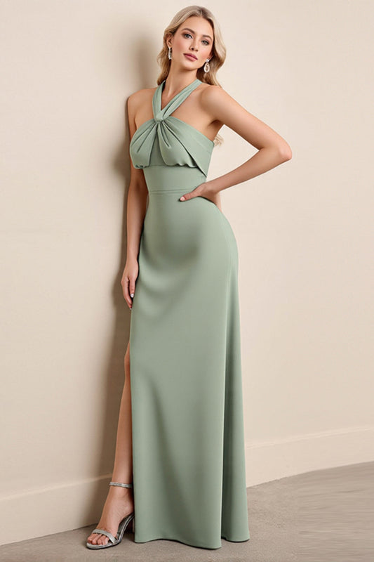 Matcha Sheath Halter Neck Maxi Long Bridesmaid Dress with Slit