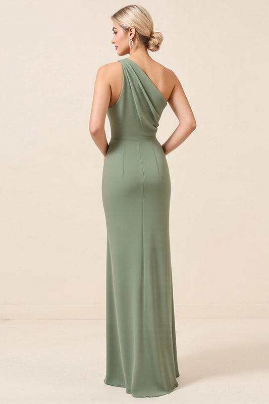 Matcha Sheath One Shoulder Long Bridesmaid Dress with Slit