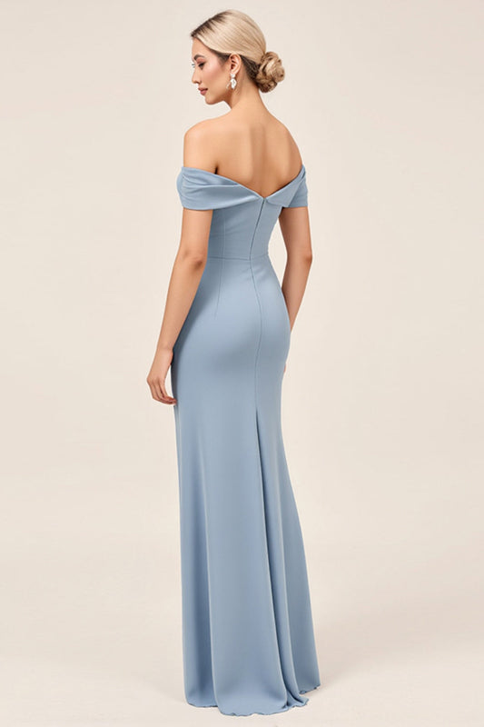 Dusty Blue Sheath Off the Shoulder Long Bridesmaid Dress With Slit