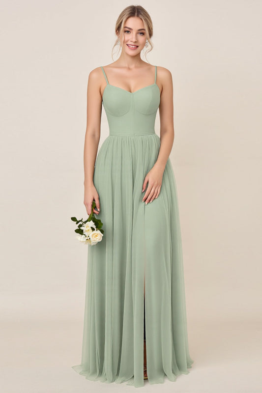 Matcha A Line Spaghetti Straps Backless Bridesmaid Dress with Slit