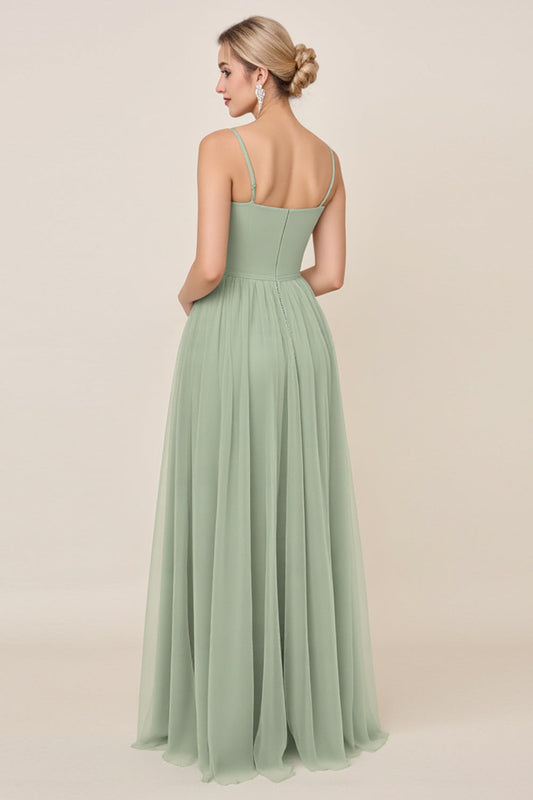 Matcha A Line Spaghetti Straps Backless Bridesmaid Dress with Slit