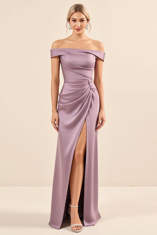 Vintage Mauve Satin Sheath Long Off the Shoulder Bridesmaid Dress with Slit