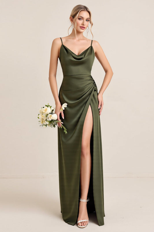 Olive Sheath Satin Spaghetti Straps Maxi Bridesmaid Dress with Slit